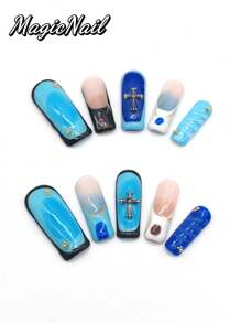 10 Pieces Of Pure Hand-Pressed Wearable Nail, Press On Nails,Nail Supplies,Nails Ptess On,Beach Essentials,33mm Long Nail Pieces, Blue Gradient, Pink And White Contrasting Color, Metal Cross Ornaments, Hand-Painted Gold Lines, Raised Lines Decoration