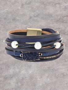 1pc Wide Faux Leather Gold Color With Random Zirconia Inlaid Bracelet, Everyday Wear, Gift For Girlfriend - Leather Bracelet - View 6