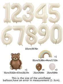 10pcs Cream Number Bear Rainbow Foil Balloons Happy Birthday Party Decorations Anniversary 1 2 3 4 5 6 7 8 9 Year Old Party Supplies
