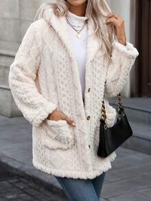 Long Solid Color Diamond Pattern Front Button Pocket Winter Hooded Jacket