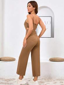 Mameluco Sensual de Tirantes: Escote en V + Detalle de Corte en la Cintura y Bolsillos Laterales - Elegancia Atrevida en Pantalón Largo - Caqui - Ver 6