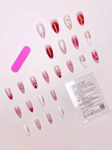24pcs/Set Almond Shaped French Manicure 3D Floral Water-Drop Gradient Elegant Reusable Press-On Nails With 1pc Jelly Gel And 1pc Nail File, Adding A Romantic Touch For Daily Wear And Dates