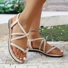 Fashionable Casual Flat Sandals With Clip, Women's Shoes In Plus Sizes, Summer Novelty, Roman-Style Beach Sandals Without Laces With Elastic Band And Woven Strap