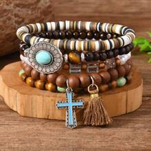 Set de 5 pulseras de mujer con estilo bohemio - Colgantes elegantes con cruz, flores y cuentas, accesorio de moda diario