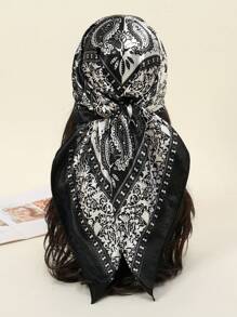 1PC Women's Black And White Paisley Printed Bandana Square Towel, 90CM Large Women's Satin Square Silk Feeling Hair Scarf Wrap Headscarf