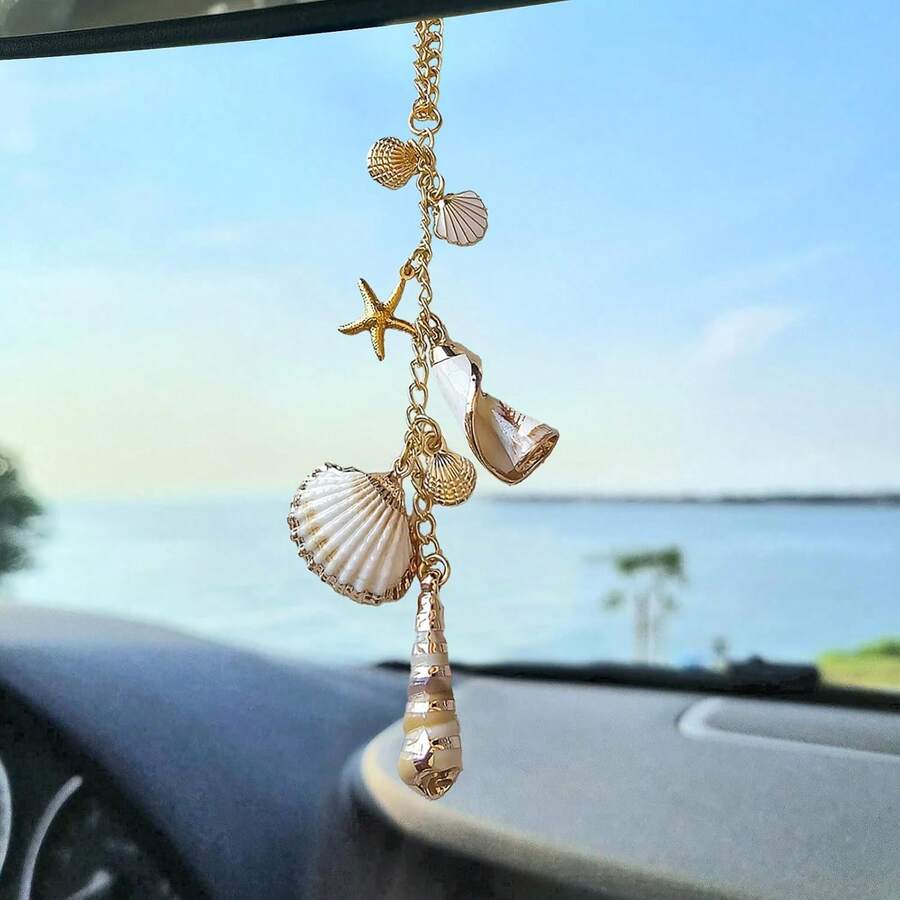 Sea Shells Car Decor,Cute Coastal Hanging Charm For Rear View Mirror, Boho Beach Themed Car Accessories,Hand-Made Starfish Conchas Aesthetic Ornament Pendant For Women - Nâu đỏ - Xem 1