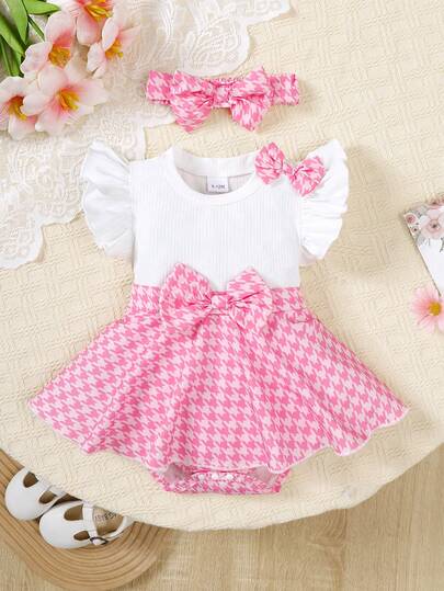 Infant French Elegant 2pcs Set: Pink Houndstooth Bodysuit + White Cap Sleeve + Headband, 0-24 Months Knitted Striped Outfit For Daily Wear, Photo Shoot, Summer