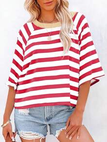 Casual Minimalist Striped Pattern Round Neck Short Sleeve Loose Women's T-Shirt, Suitable For Summer, Oversized T Shirt