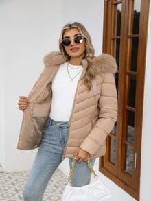 女士休闲连帽加厚夹克，带口袋，轻盈保暖加厚外套，适合日常穿着 - 杏色 - 查看 3