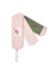 1 件二合一折叠梳子和化妆镜 - 便携式、个性化粉色花朵白色字母 A-Z 印花粉色镜子、手持镜子带挂链、桌面、现代旅行美容工具、带化妆镜的折叠梳、易于携带、非常适合旅行外出使用、两用镜梳、头皮按摩发梳、返校、旅行度假必需品、女士发饰