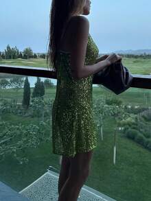 Vestido corto de mujer de tirantes finos y sin mangas con lentejuelas, para verano - Verde - Ver 5