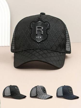 1 pièce Casquette de baseball décontractée en polyester maille avec patchwork, motif grille de diamants et badge. Casquette ajustable et respirante, mode d'été pour hommes et femmes
