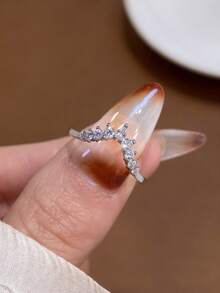 1 chiếc nhẫn bạc 925 hình giọt nước chữ V sáng bóng, nhẫn cưới/nhẫn hứa hẹn/nhẫn vĩnh cửu dành cho nữ, món quà trang sức tinh tế. - Bạc - Xem 3