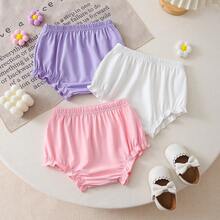 3件套新生女婴纯色荷叶边连体短裤，夏季