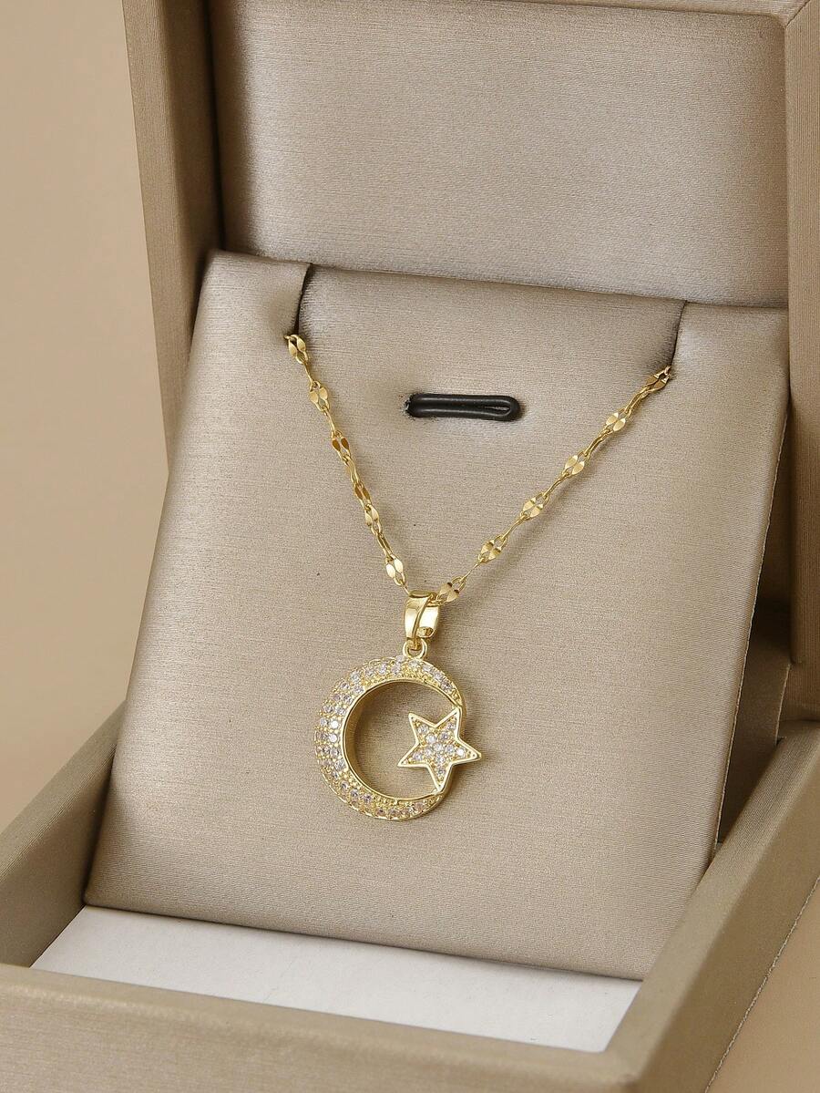 1pc Fully Rhinestoned Sparkling Stars & Moon Glamorous Stainless Steel Necklace For Women - Yellow Gold - View 1