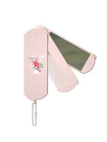 1 件二合一折叠梳子和化妆镜 - 便携式、个性化粉色花朵白色字母 A-Z 印花粉色镜子、手持镜子带挂链、桌面、现代旅行美容工具、带化妆镜的折叠梳、易于携带、非常适合旅行外出使用、两用镜梳、头皮按摩发梳、返校、旅行度假必需品、女士发饰