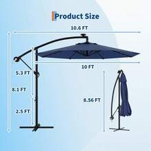 10ft Solar Lights Patio Umbrealla, Outdoor Offset Cantilever Umbrella, Easy Lift & Tilt Adjustment, 8 Ribs Sun Umbrella UV Protection For Market Garden Deck Backyard Pool - 藏蓝色 - 查看 2