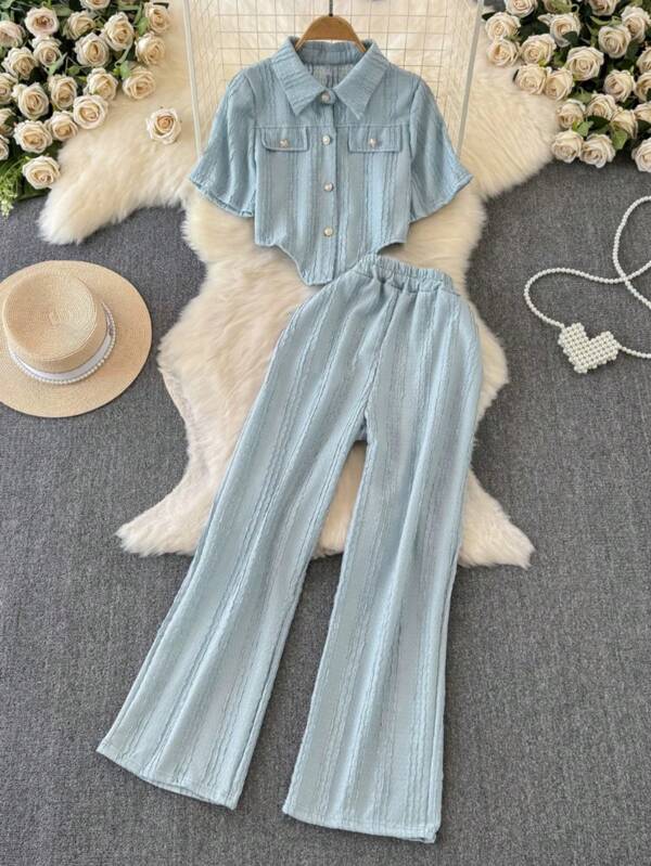 2er Set: Einreihiges Top + Lässige Weit geschnittene Hose für Damen