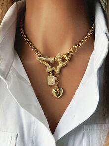 1 件女士链条项链，配有镶钻星形扣、镶钻字母吊坠和心形吊坠，优雅复古风格，适合日常时尚搭配 - 金色 - 查看 4