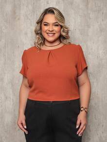 ONLYONE - PLUS SIZE WOMEN'S BLOUSE, SHORT SLEEVE, PRINCESS, PLEATED NECKLINE, LIGHT DUNES - ELEGANT WOMEN'S BLOUSES, LARGE - 棕色 - 查看 3