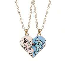 Disney Set Of 2 Disney Stitch Necklaces Designed For Couples, Featuring A Charming Heart Pendant And Magnetic Attraction, Perfect For Lovers.