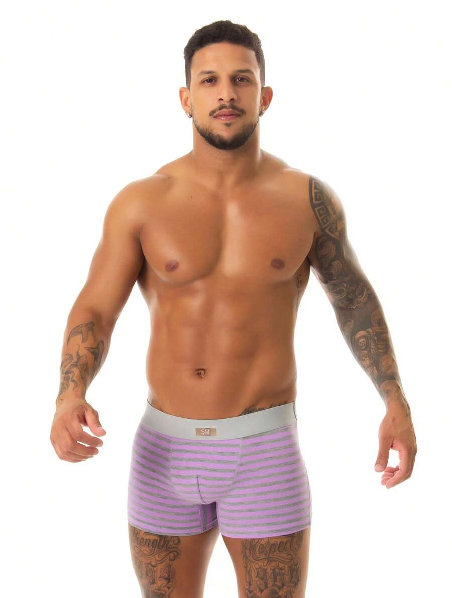 Kit com 5 Cuecas Box Boxer Adulto Masculina Confortável Não Enrola nas Pernas Básico Listrada Cintura Média.