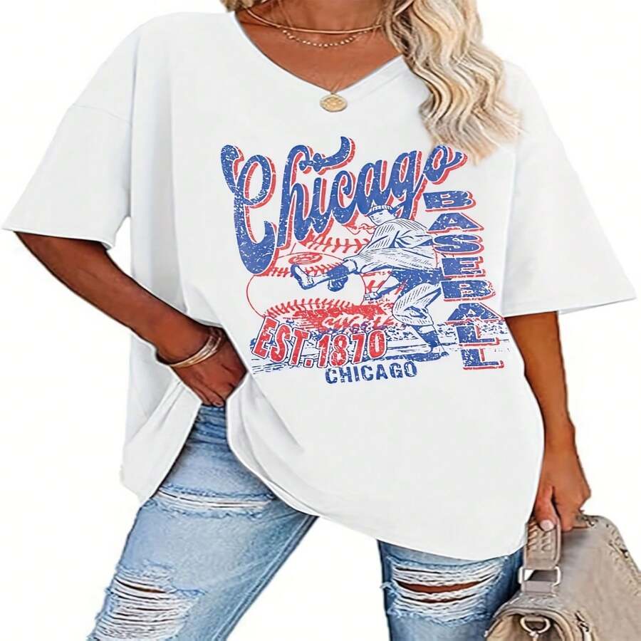 Oversized ChiC-Ago Baseball Shirt Wo Baseball Mama Tops ChiC-Ago Fan V Neck Short Sve ShirtT-Sshirt220G Heavyweight 100% Cotton Unisex T-Shirt.Spring & Summer & Fall Clothes For Women & Men. This Heavy-Duty Shirt Combines Luxury Softness With Solid Structure. The Thick, Breathable Fabric Resists Sinkage And Fading While Providing All-Day Comfort. I For Streetwear,Festival, Workwear, Or Casual Looks, This Is A Must-Have For Anyone Who Loves Durable, Stylish Basics. - 白色2 - 查看 1