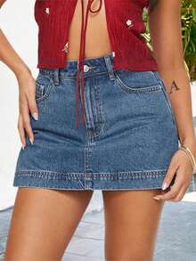 Women Summer Denim Skorts Casual Elegant Solid Color Elastic Mini Skirt For Beach Vacation Club Streetwear - 藍色 - 查看 3
