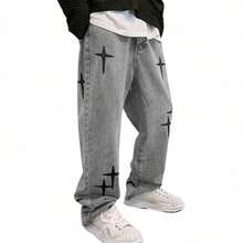 男士时尚宽松直筒交叉星星休闲牛仔裤，Emo 风格 - 灰色 - 查看 5