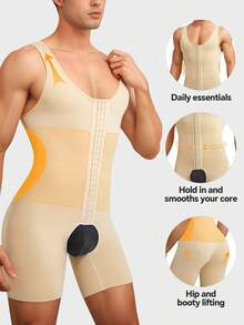 1pc Men's Adjustable Tummy Control Bodysuit – Slimming Compression Shapewear For Core Support And Comfort - Beige - View 4