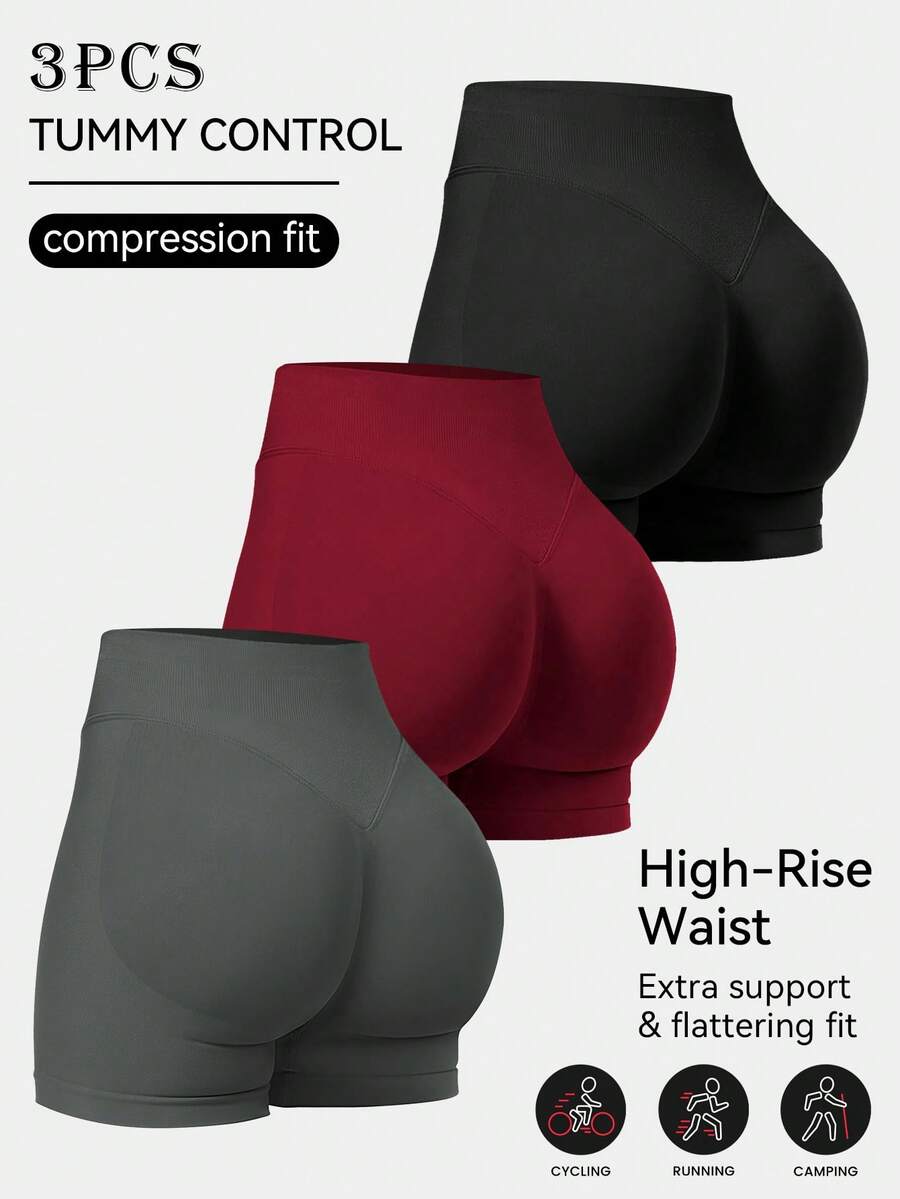 3pcs Women High Waist Lifting Tight Fit 3/4 Leggings, Yoga Black Shorts, Fitness Shorts, Running Shorts, Peach Lifting Sports Shorts, Slimming Shorts - 彩色 - 查看 1