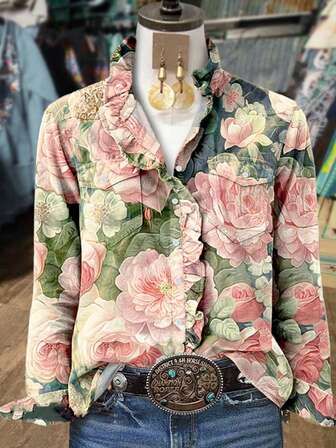 ii Plus Size Chic Floral Print Ruffle Neck Shirt