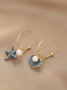1 Pair Fashion Creative Pearl Sea Star Shell C-Shape Earrings, Suitable For Women Daily, Festival, Party Wear