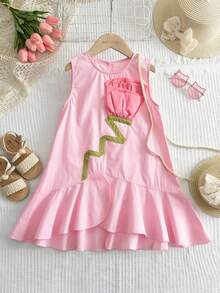 Young Girl Three Dimensional Flower Asymmetric Sleeveless Dress For Summer - Pink - View 1