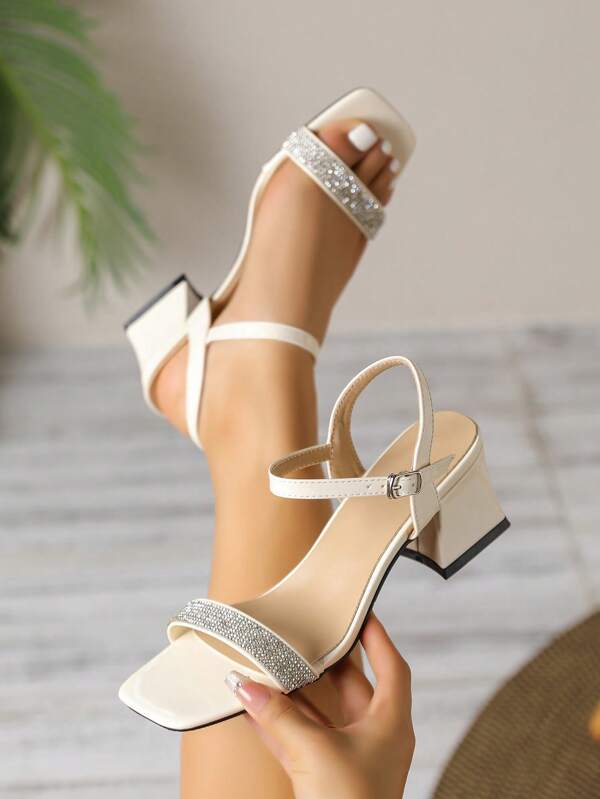 Women's Square Toe French Style Chunky Heel Sandals, Fashionable Outdoor Roman Sandals With Anti-Slip Rubber Sole, Delicate High Heel Ladies Niche Design Sandals