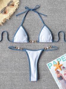 TASHEHE Women's Thong Bikini Set String Brazillian Two Piece Swimsuit Cute Bikini Bathing Suit - 玫紅色 - 查看 11