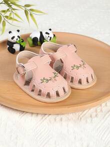 1 Pair Girls Embroidered Printed Magic Tape Design Flat Sandals Princess Shoes, Suitable For Spring, Autumn And Summer - Pink - View 3