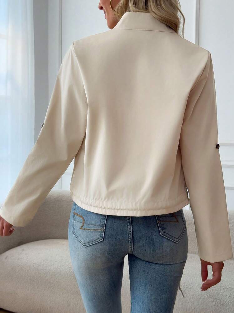 Women's Lightweight Stand Collar Bomber Jacket - Fashionable Zip-Up Flight Jacket With Decorative Front Pockets And Adjustable Drawstring Hem, An Ideal Casual Street Style Outerwear For Spring And Autumn. - Apricot - View 2