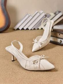 Elegant French Bow Accent White High Heel Dress Shoes, Chic Beige Pointed Toe Mule High Heels For Wedding, Work Attire