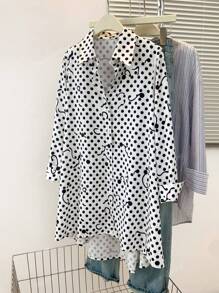 Women's High-Low Hem Polka Dot Print Longline Collared Shirt - Stage-Ready Concert Blouse For Date Nights/Festivals/Travel, All-Season Versatile Oversized Top With Front-Crop Design