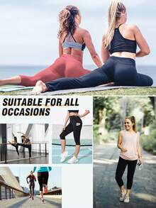 Women's High Waist Gray Yoga Sports Capris With Pockets Outdoor Gym Running Workout Bottoms Breathable High Stretch Cycling Pants - Light Grey - View 4