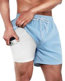 Mens Swim Trunks With Compression Lined Short Bathing Suits For Men 5 Inch Inseam Liner Men's Swimming Trunk - Light Blue - View 1