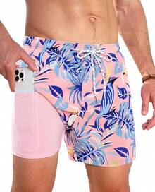 Bañador de hombre con forro de compresión, pantalón corto de baño de 5 pulgadas de entrepierna para hombres - Loro rosa - Ver 1