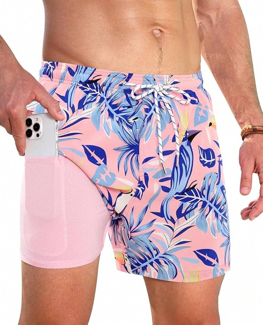 Bañador de hombre con forro de compresión, pantalón corto de baño de 5 pulgadas de entrepierna para hombres - Loro rosa - Ver 1