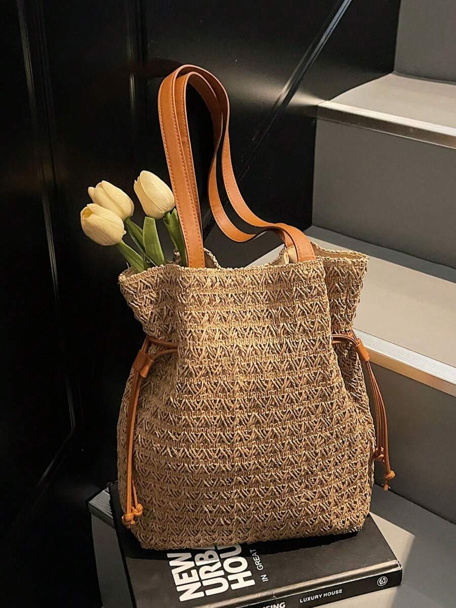 1pc Fashion Straw Bucket Bag, Women Daily Casual Beach Vacation Handbag