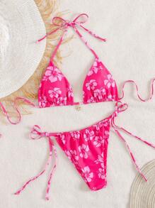 Women's Ditsy Floral Halter Tie-Up Bow Bikini 2 Pieces Swimsuit Set, Sexy Beach Vacation Outfit, Summer