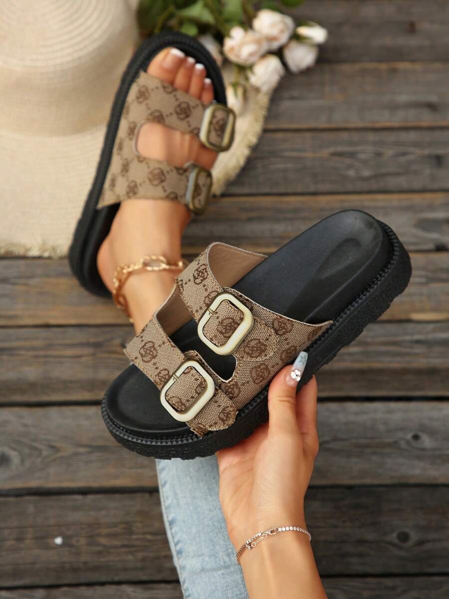 Giày sandal đế dày họa tiết hoa cổ điển dành cho nữ, màu vàng, thích hợp cho du lịch mùa hè và mặc hàng ngày, khóa đôi - Màu vàng - Xem 1