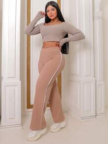 Women's Ribbed Pants With Side Detail White Cotton And Elastane Comfortable Casual Women's Fashion - 卡其色 - 查看 6