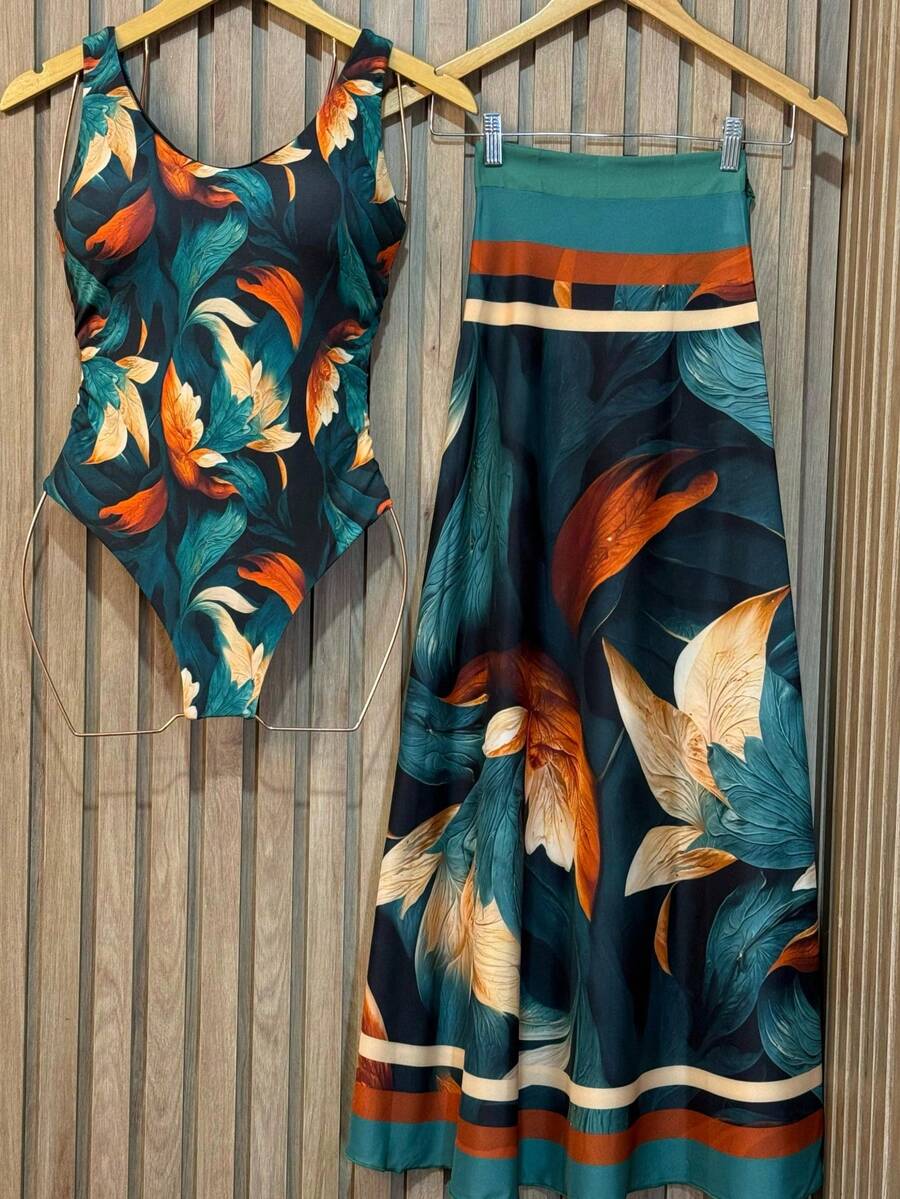 Bodysuit Swimsuit And Pareo Set Kit Premium Beach Cover-Up Bathing Suit Bodysuit - Bản in ánh sáng mùa thu - Xem 1