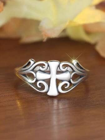 Vintage 925 Sterling Silver Cross & Floral Design Ring, Bohemian Style Women's Dating/Party Gift
